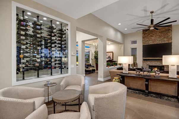 Fireplace, Interior, Recessed Lighting, Stone Walls, Wine Storage