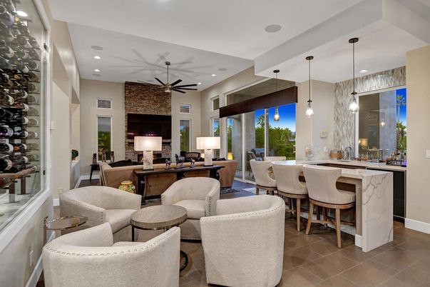 Dining room, Interior, Pendant Lights, Recessed Lighting, Stone Walls