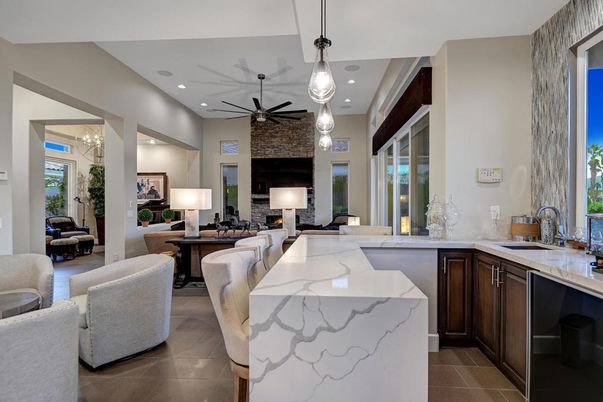 Fireplace, Interior, Kitchen, Living room, Pendant Lights, Recessed Lighting