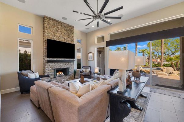 Fireplace, Interior, Living room, Recessed Lighting, Stone Walls