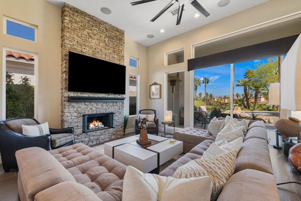 Fireplace, Interior, Living room, Recessed Lighting, Stone Walls