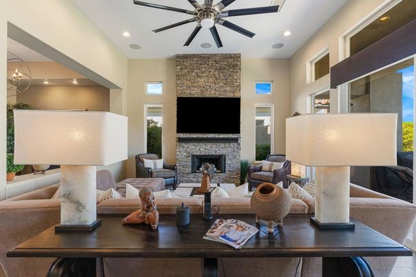 Fireplace, Interior, Living room, Recessed Lighting, Stone Walls