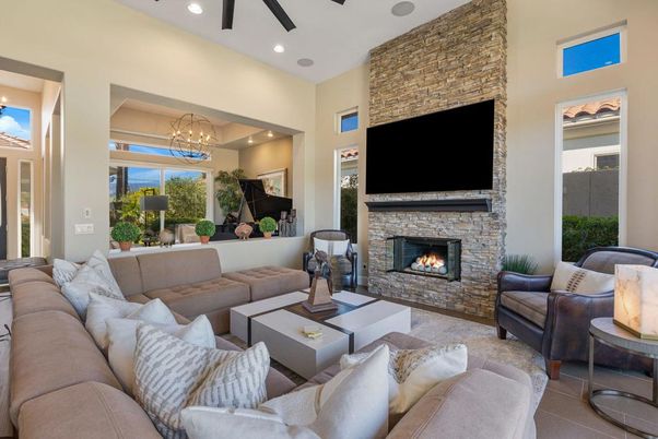 Fireplace, Interior, Living room, Recessed Lighting, Stone Walls