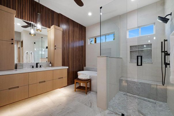Bathroom, Glass Shower, Interior, Marble, Pendant Lights, Recessed Lighting
