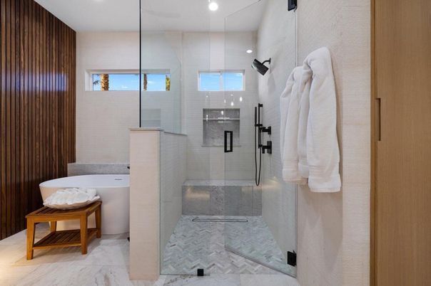 Bathroom, Glass Shower, Interior, Marble, Recessed Lighting