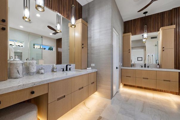 Bathroom, Dual Sink Vanities, Interior, Marble, Pendant Lights, Recessed Lighting