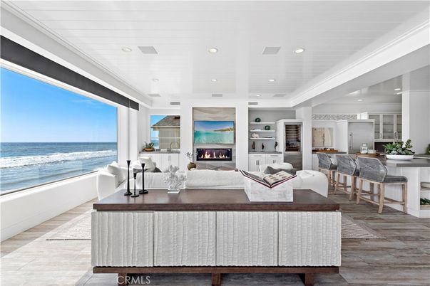 Fireplace, Interior, Living room, Recessed Lighting, Water, Wood Texture Flooring