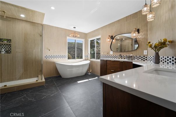 Bathroom, Dual Sink Vanities, Free Standing Baths, Glass Shower, Interior, Marble, Pendant Lights, Recessed Lighting