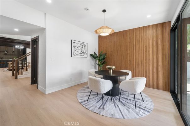 Dining room, Interior, Pendant Lights, Recessed Lighting, Wood Texture Flooring