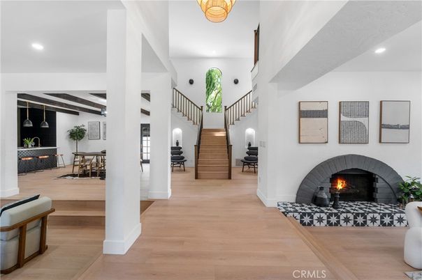 Dining room, Fireplace, Interior, Recessed Lighting, Wooden Beams, Wood Texture Flooring