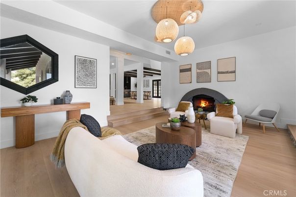 Fireplace, Interior, Living room, Pendant Lights, Wood Texture Flooring