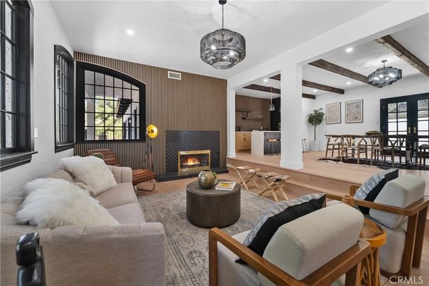 Fireplace, Interior, Living room, Pendant Lights, Recessed Lighting, Wooden Beams, Wood Texture Flooring