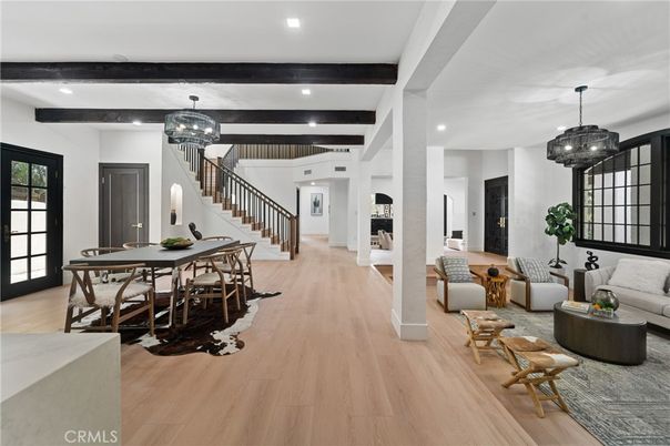 Dining room, Interior, Living room, Pendant Lights, Recessed Lighting, Wooden Beams, Wood Texture Flooring
