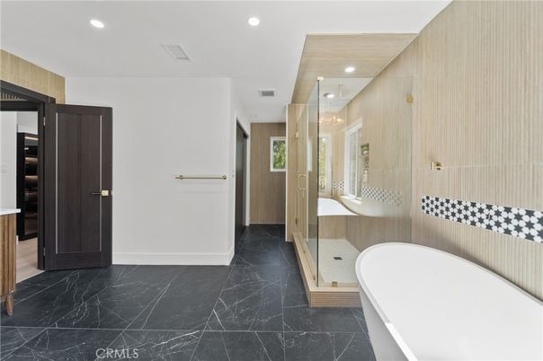 Bathroom, Free Standing Baths, Glass Shower, Interior, Marble, Recessed Lighting