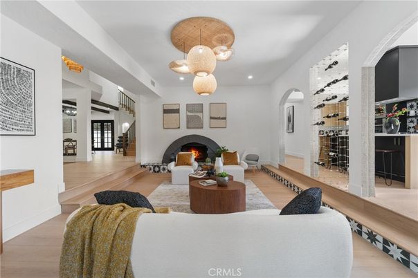 Fireplace, Interior, Living room, Pendant Lights, Recessed Lighting, Wood Texture Flooring