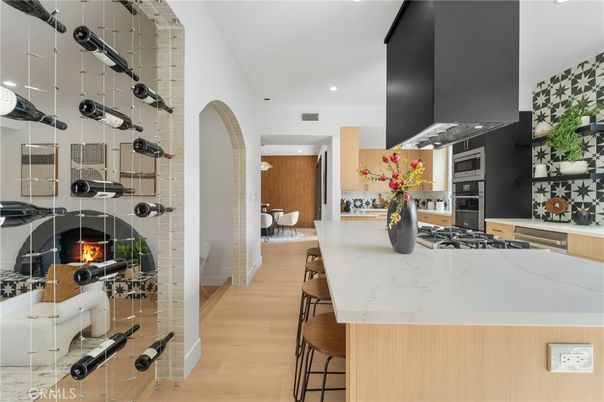 Fireplace, Interior, Kitchen, Recessed Lighting, Wood Texture Flooring