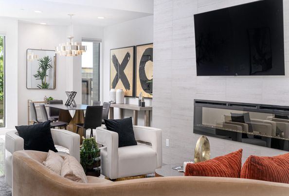 Dining room, Fireplace, Interior, Living room, Pendant Lights, Recessed Lighting