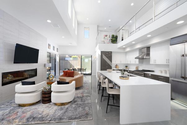 Fireplace, Interior, Kitchen, Living room, Recessed Lighting, Stainless Steel Appliances
