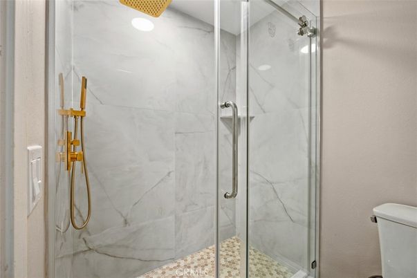 Bathroom, Glass Shower, Interior, Marble Walls, Recessed Lighting
