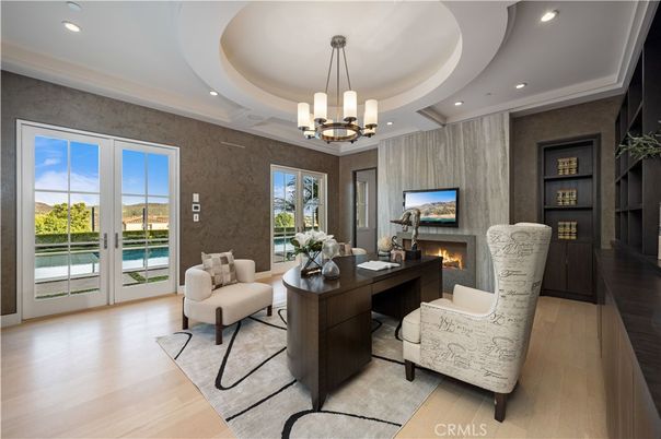 Chandelier, Fireplace, Home Office, Interior, Living room, Pendant Lights, Recessed Lighting, Wood Texture Flooring
