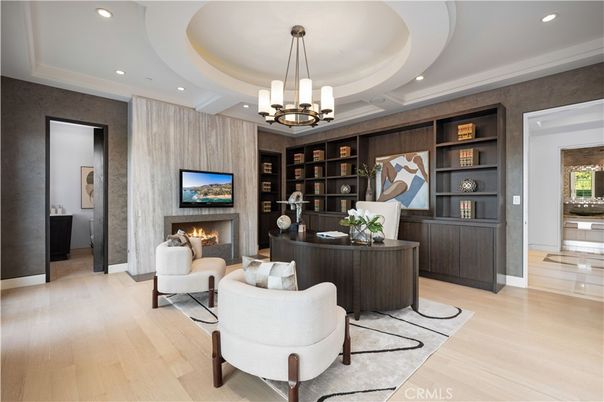 Chandelier, Fireplace, Home Office, Interior, Pendant Lights, Recessed Lighting, Wood Texture Flooring