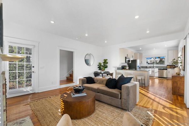 Dining room, Interior, Kitchen, Living room, Recessed Lighting, Stainless Steel Appliances, Wood Texture Flooring