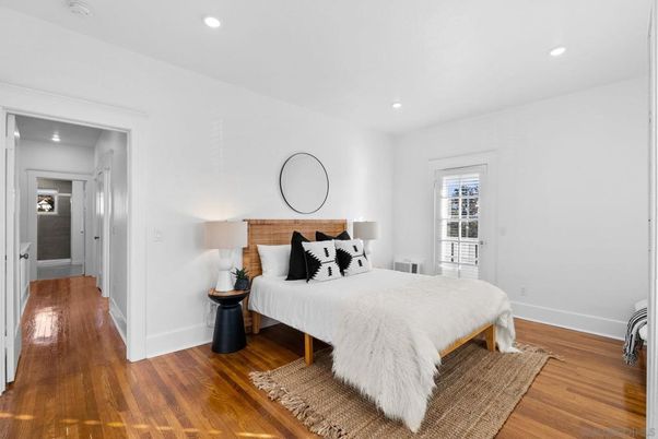 Bedroom, Interior, Recessed Lighting, Wood Texture Flooring