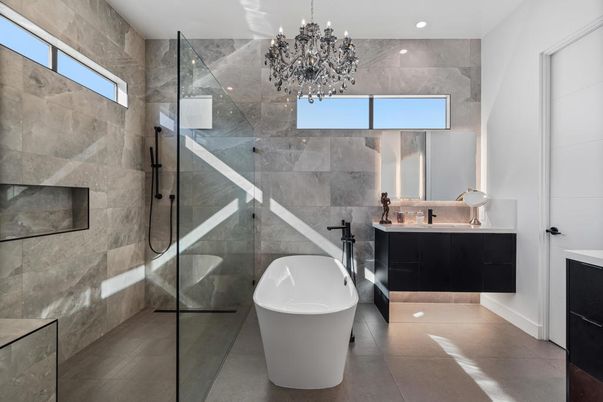 Bathroom, Chandelier, Free Standing Baths, Glass Shower, Interior, Recessed Lighting