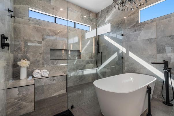 Bathroom, Free Standing Baths, Glass Shower, Interior, Recessed Lighting
