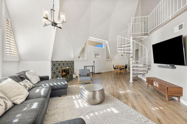 Dining room, Fireplace, Interior, Living room, Pendant Lights, Wood Texture Flooring