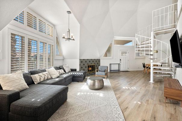 Dining room, Fireplace, Interior, Living room, Pendant Lights, Wood Texture Flooring