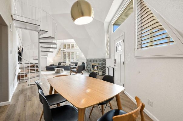 Dining room, Fireplace, Interior, Living room, Pendant Lights, Wood Texture Flooring