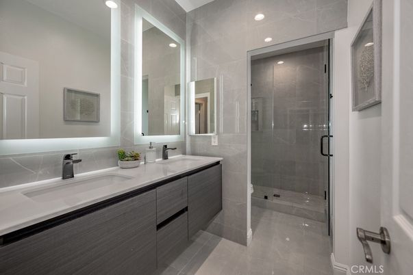 Bathroom, Dual Sink Vanities, Glass Shower, Interior, Recessed Lighting