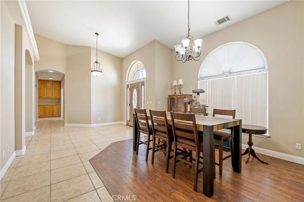 Chandelier, Dining room, Interior, Pendant Lights, Recessed Lighting, Wood Texture Flooring