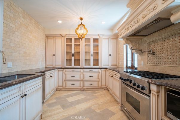 Interior, Kitchen, Recessed Lighting, Stainless Steel Appliances, Stone Walls, Wood Texture Flooring