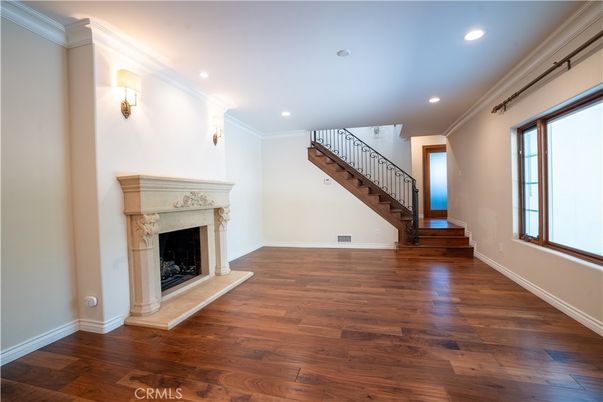Empty room, Fireplace, Interior, Recessed Lighting, Wood Texture Flooring
