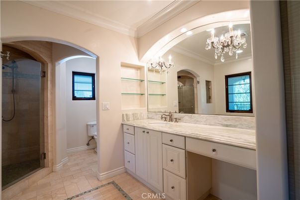 Bathroom, Chandelier, Dual Sink Vanities, Interior, Recessed Lighting