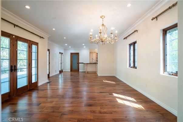Chandelier, Empty room, Interior, Recessed Lighting, Wood Texture Flooring
