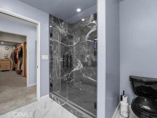 Bathroom, Glass Shower, Interior, Marble, Marble Walls, Recessed Lighting
