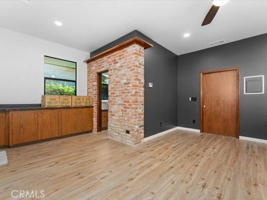 Empty room, Interior, Recessed Lighting, Stone Walls, Wood Texture Flooring