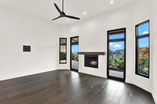 Empty room, Fireplace, Interior, Recessed Lighting, Wood Texture Flooring