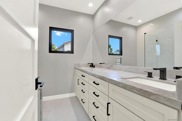 Bathroom, Dual Sink Vanities, Interior, Recessed Lighting, Wood Texture Flooring