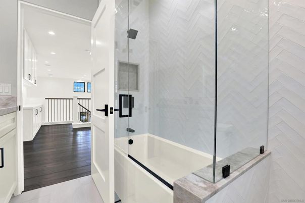 Bathroom, Glass Shower, Interior, Recessed Lighting, Wood Texture Flooring