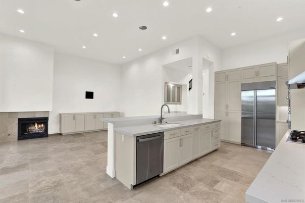 Fireplace, Interior, Kitchen, Recessed Lighting, Stainless Steel Appliances