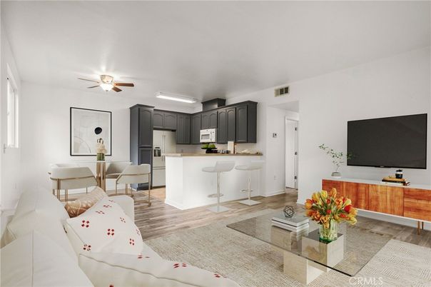 Interior, Kitchen, Living room, Stainless Steel Appliances, Wood Texture Flooring