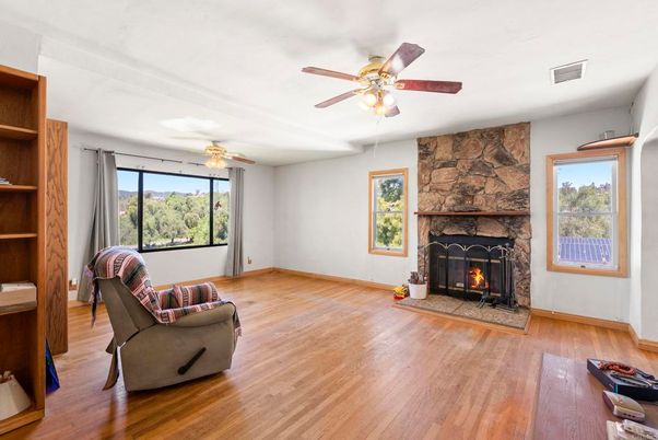 Empty room, Fireplace, Interior, Stone Walls, Wood Texture Flooring