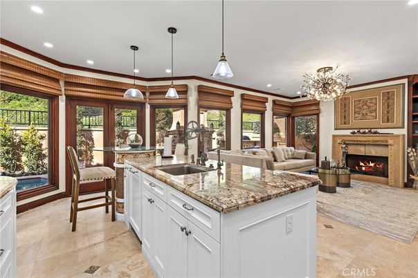 Dining room, Fireplace, Interior, Kitchen, Living room, Pendant Lights, Recessed Lighting