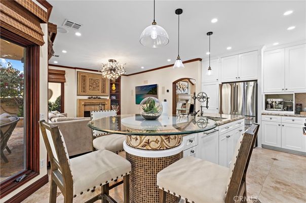 Chandelier, Dining room, Interior, Kitchen, Pendant Lights, Recessed Lighting, Stainless Steel Appliances
