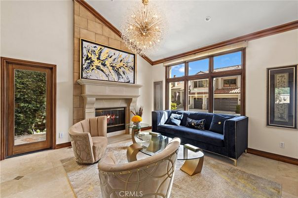 Chandelier, Fireplace, Interior, Living room, Recessed Lighting