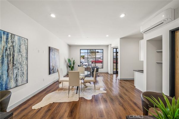 Dining room, Interior, Recessed Lighting, Wood Texture Flooring